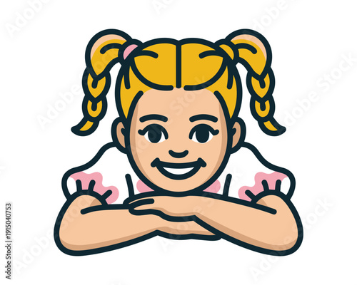 Smiling cartoon girl with blonde pigtails resting her chin on her arms happily