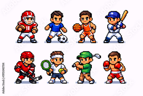 Pixel art collection of eight cartoon boys playing various sports including American football, soccer, basketball, baseball, ice hockey, tennis, golf, and boxing.