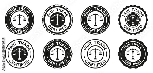 Fair trade certified badges collection. Round black stamps with scales symbol and certification text. Classic quality labels for packaging