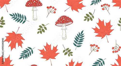 Seamless Autumn Pattern with Red Maple Leaves, Forest Mushrooms, Fern Branches, and Berries on Light Background for Fall Textile and Surface Design