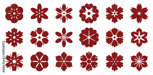 Floral ornament icons collection. Red decorative flower shapes in symmetrical style. Traditional pattern elements for branding and decor