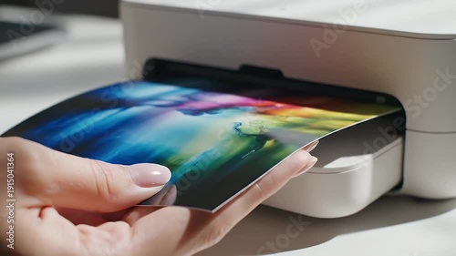 A hand inserts a colorful printout into a modern printer