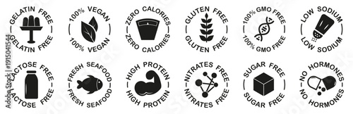 Food label badges set. Includes gelatin free, vegan, zero calories, gluten free and other product icons. Black round certification symbols for packaging