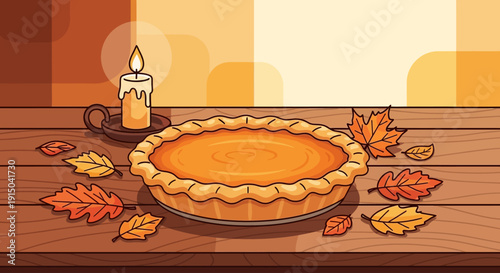 A delicious pumpkin pie with a lit candle sits on a wooden table surrounded by autumn leaves