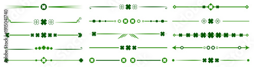 Clover decorative borders set. Green lucky shamrock line ornaments in various styles. Saint patrick themed elements for greeting cards