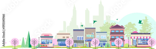 満開の桜並木が広がる春の街並みと都会のビル群のパノラマ背景イラスト