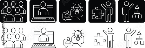 Collection of simple line icons depicting various office and communication scenarios