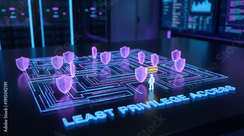 Least Privilege Access Cybersecurity Concept with 3D Holographic Maze and Security Shields in Data Center
