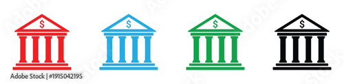 bank building icon set with dollar symbol financial institution logo vector illustration