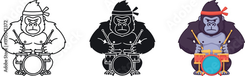 Powerful cartoon gorilla playing drums with drumsticks and a drum set, wearing a bandana, strong and musical, vector illustration