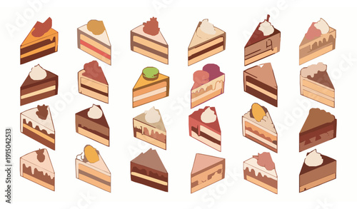 Colorful Isometric Cake Dessert Flat Icon Set with 24 Sweet Slices