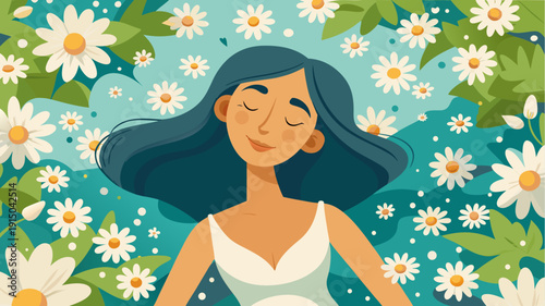 Peaceful woman with closed eyes lying among white daisies and green leaves in flat illustration symbolizing relaxation and harmony with nature
