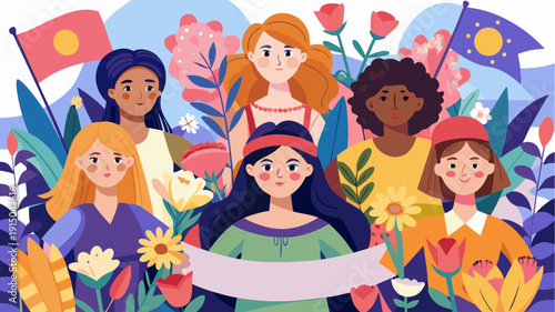 Diverse women holding banner surrounded by colorful flowers and flags in flat illustration celebrating unity and empowerment