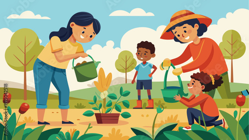 Family gardening together watering plant and caring for young tree in park flat illustration symbolizing teamwork and environmental education