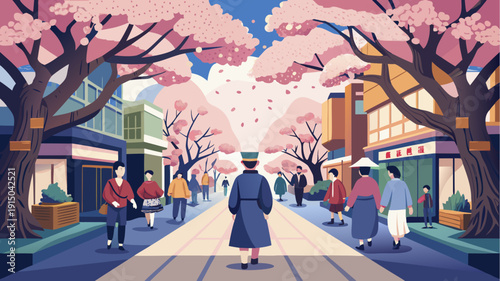 Spring city street with people walking under blooming cherry trees in flat illustration representing urban life and seasonal festival atmosphere