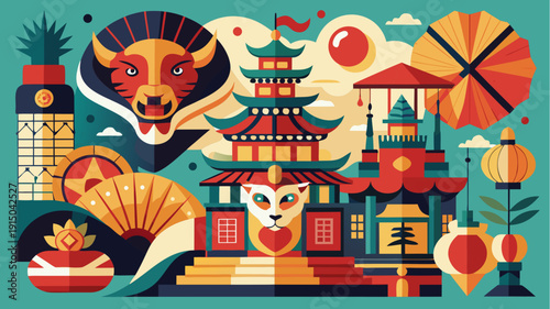 Colorful asian cultural symbols with tiger pagoda lanterns and fans in flat illustration representing traditional festival and heritage concept