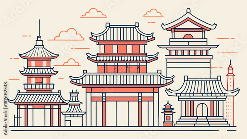 Set of asian traditional temples and pagodas in line art flat illustration representing oriental architecture and cultural heritage