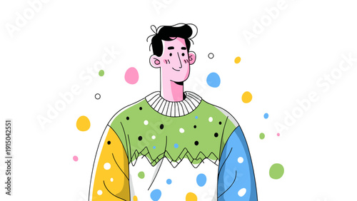 Young man with black hair wearing a colorful polka dot sweater and smiling