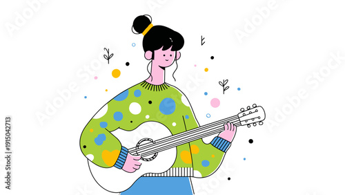 Young woman playing acoustic guitar with a cheerful and colorful illustration style
