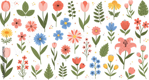 Colorful Wildflower Vector Collection with Tulips, Daisies, Lily, and Botanical Garden Flowers Isolated on Light Background for Spring Design Projects