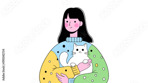 Young woman with black hair holding a cute white cat in her arms, wearing a colorful sweater