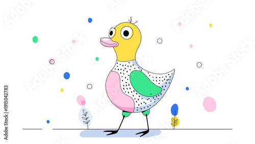 Whimsical cartoon duck with colorful abstract shapes and dots on a white background