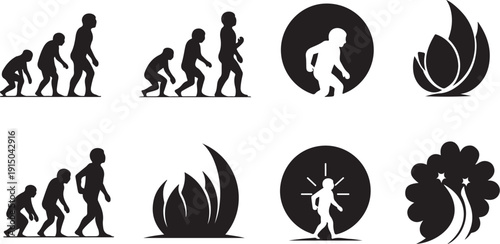 Evolution of Human Silhouettes with Nature Icons Vector Graphics