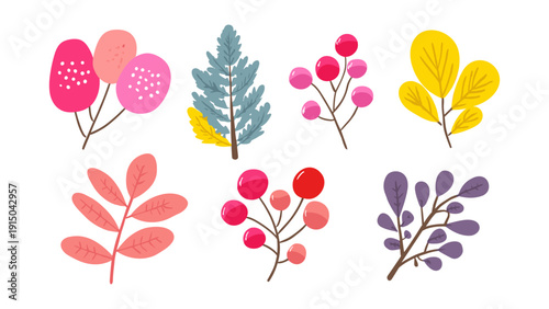 Collection of stylized autumn leaves and berries in vibrant colors on a white background