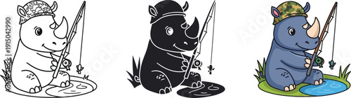 Cute Cartoon Rhino Fisherman with Fishing Rod and Bait, Relaxing Animal Illustration