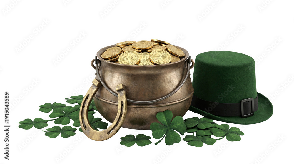 Obraz premium St Patrick's Day pot filled with gold coins and clovers, AI, PNG