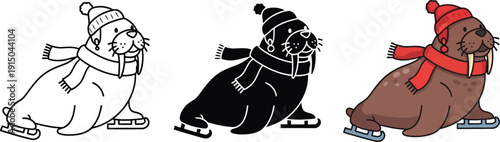 Happy Cartoon Walrus Ice Skating in Winter Hat and Scarf, Cute Animal Illustration