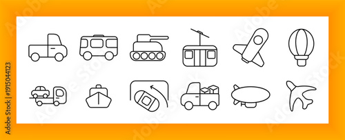 Vehicle transport set icon. Van, trailer, ship, tram, tank, blimp, airplane, cargo, SUV, and directional path icons representing diverse travel modes.