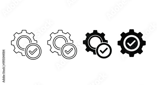 Collection of gear icons displaying various styles of settings adjustment confirmation or completed technical processes successfully finished
