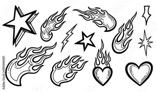 90s 2000s Y2K tribal flame tattoo vector elements