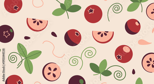 Fresh Mixed Berries Background with Green Leaves and Swirls