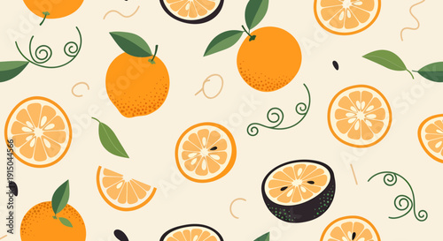 Fruit Pattern with Oranges and Slices on Light Background