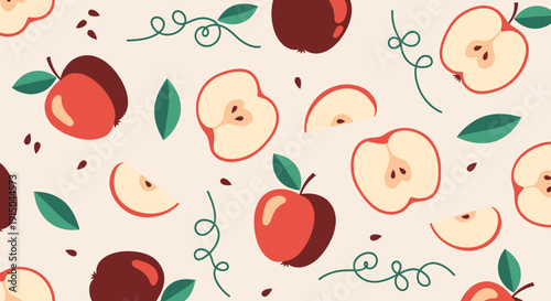Fruit Pattern with Apples and Leaves on Light Background