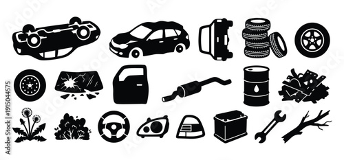 Auto salvage yard elements showing car crash parts scrap metal tires and mechanic tools set
