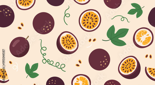 Pattern of Passion Fruit and Green Leaves on Light Background