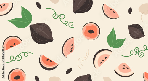 Colorful Pattern of Watermelon Slices and Green Leaves