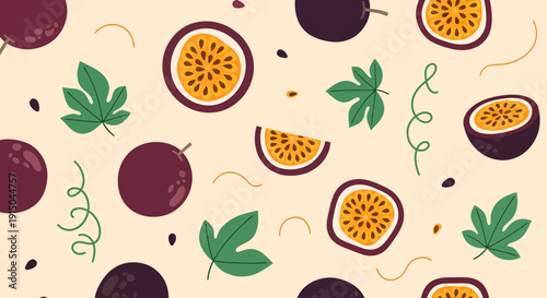 Tropical Passion Fruit Pattern with Green Leaves and Fruits