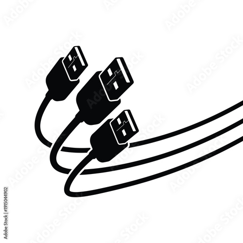 USB cables with connectors set. black vector silhouette illustration for technology and data transfer