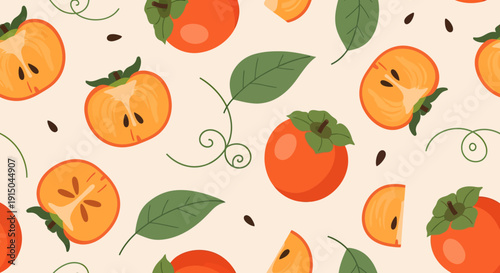 Pattern of Fresh Persimmons and Green Leaves on Light Background