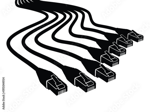 Ethernet cables with RJ45 connectors set. black vector silhouette for network and internet