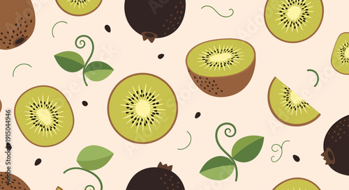 Colorful Kiwi Fruit Pattern with Leaves and Seeds
