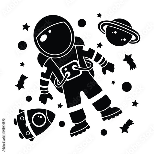Astronaut in outer space with planet rocket and stars vector illustration cartoon design