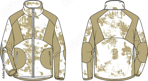 Camouflage tactical jacket technical illustration, front and back view, military outdoor apparel design with zipper and pockets isolated on white background