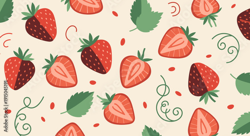 Colorful Hand-Drawn Strawberry Pattern for Food and Nature Themes