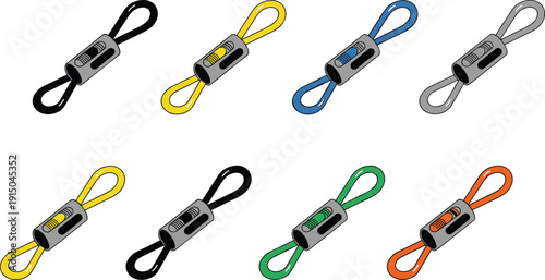 Elastic cord lock stopper illustration set, colorful drawstring toggle clip, plastic fastener accessory collection, vector isolated objects on white background