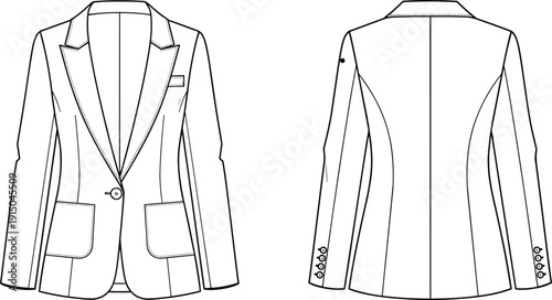 Fitted women blazer technical fashion illustration, front and back view, tailored jacket flat sketch, princess seam detail, vector line drawing